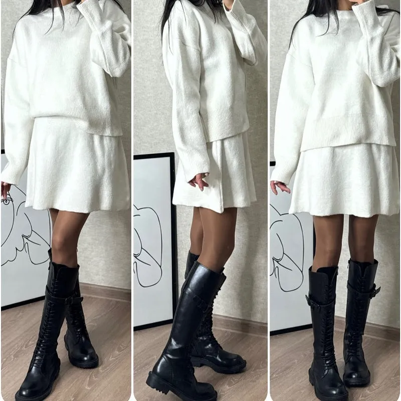 2024 Autumn New Solid Color Casual College Style Knit Dress Set 2-Piece Sweater Set: Long-Sleeve Top & Mini Skirt