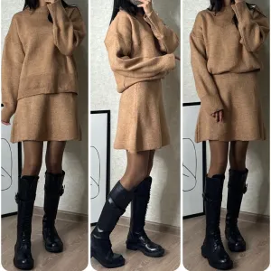 2024 Autumn New Solid Color Casual College Style Knit Dress Set 2-Piece Sweater Set: Long-Sleeve Top & Mini Skirt