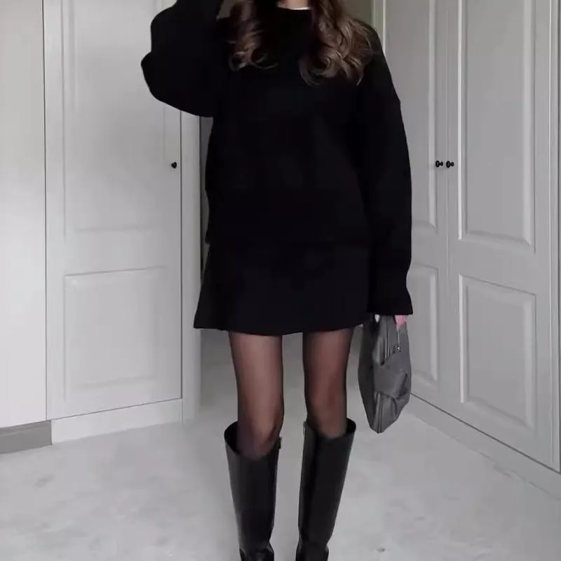 2024 Autumn New Solid Color Casual College Style Knit Dress Set 2-Piece Sweater Set: Long-Sleeve Top & Mini Skirt