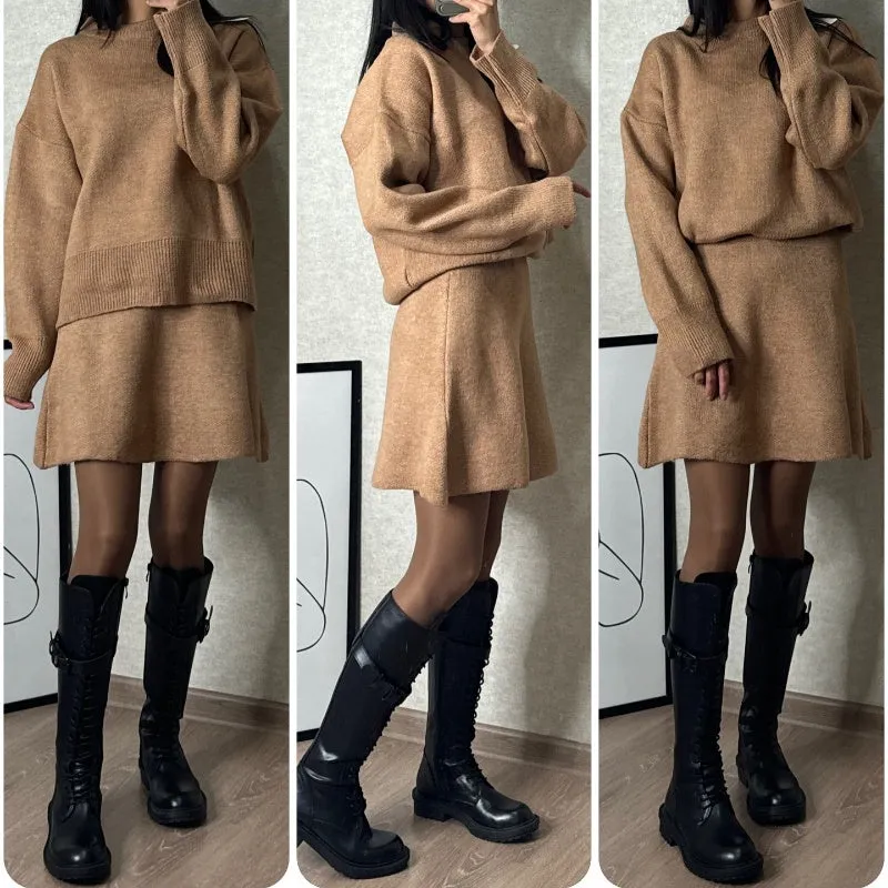 2024 Autumn New Solid Color Casual College Style Knit Dress Set 2-Piece Sweater Set: Long-Sleeve Top & Mini Skirt