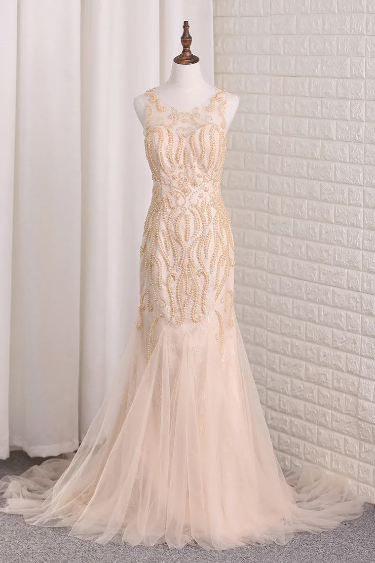 2024 Tulle Mermaid Scoop Prom Dresses Beaded Bodice Sweep Train