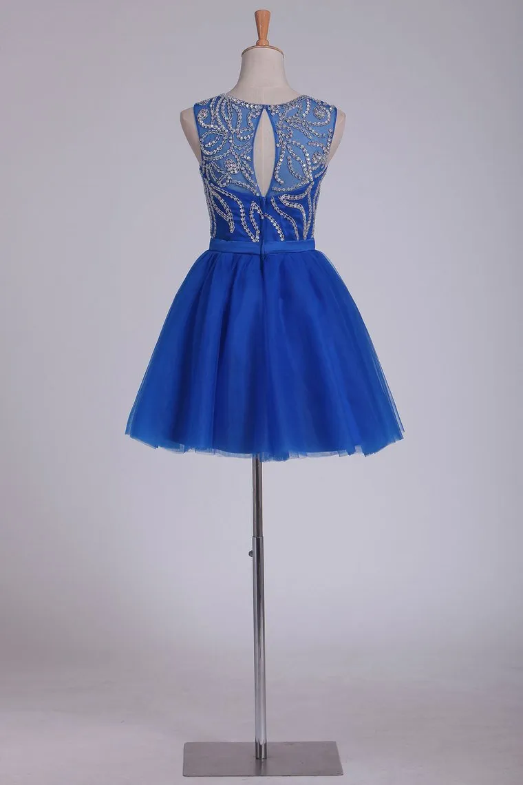 Bateau Beaded Bodice A Line Homecoming Dresses Short/Mini Tulle