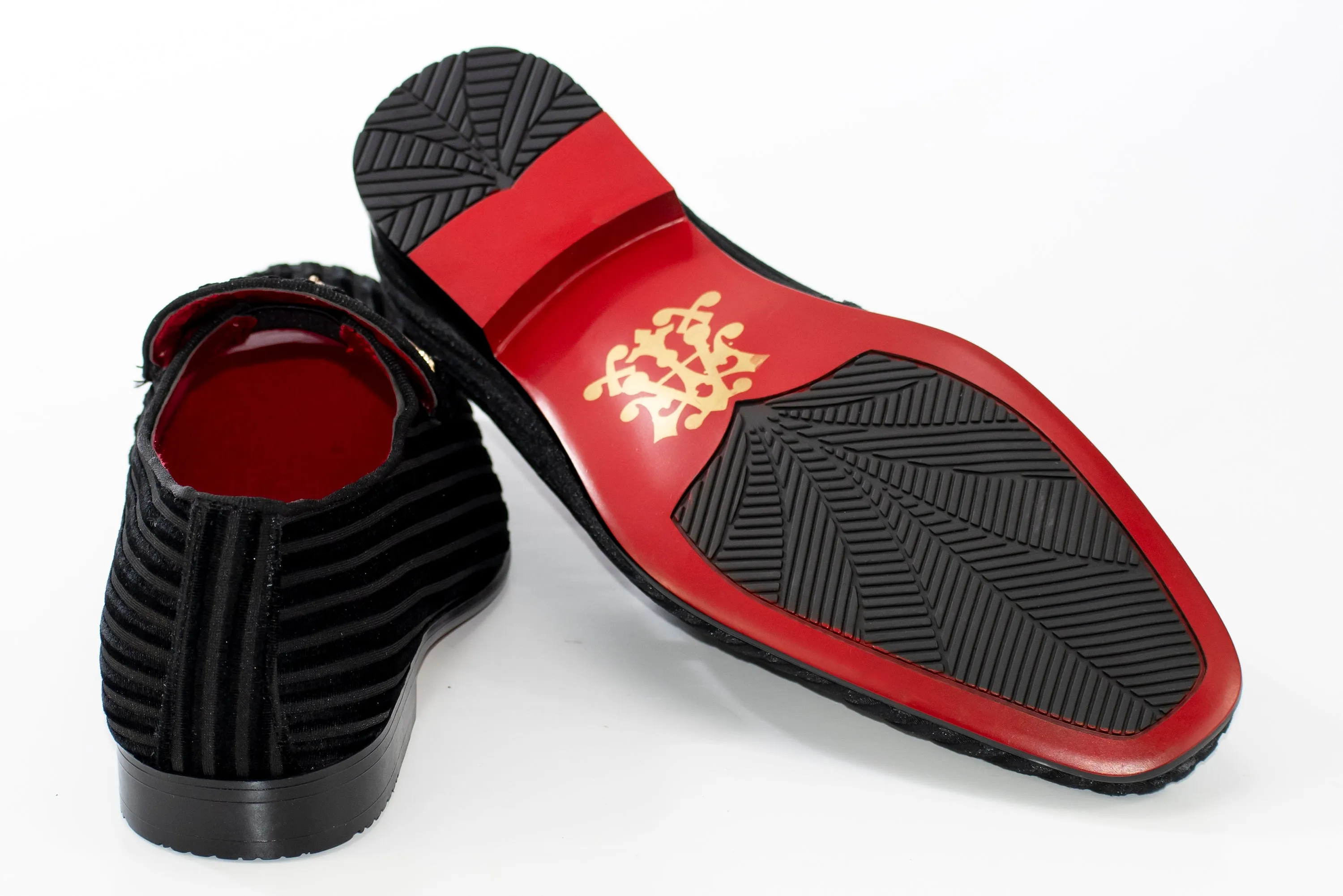 Black Striped Velvet Smoking Loafer with Designer Bit
