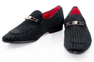 Black Striped Velvet Smoking Loafer with Designer Bit