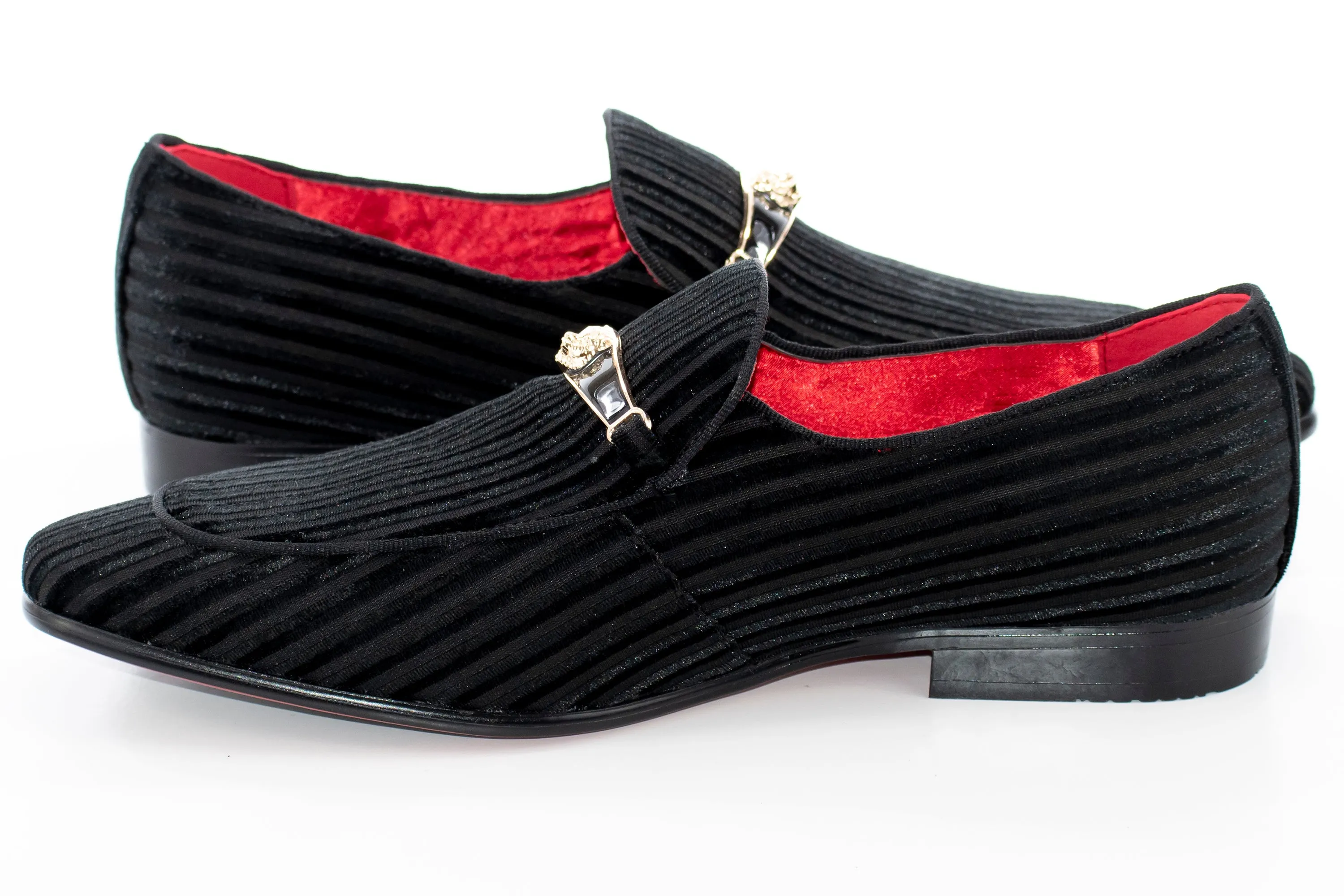Black Striped Velvet Smoking Loafer with Designer Bit