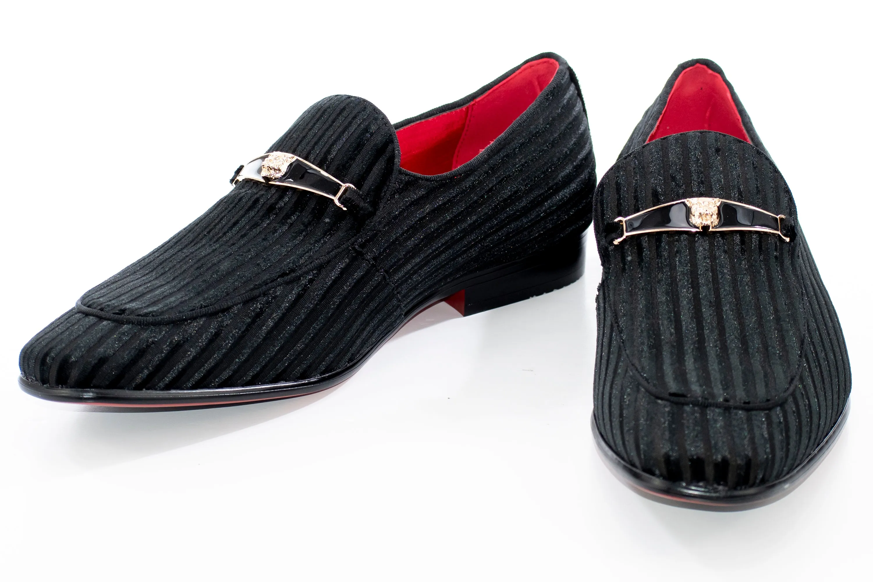 Black Striped Velvet Smoking Loafer with Designer Bit