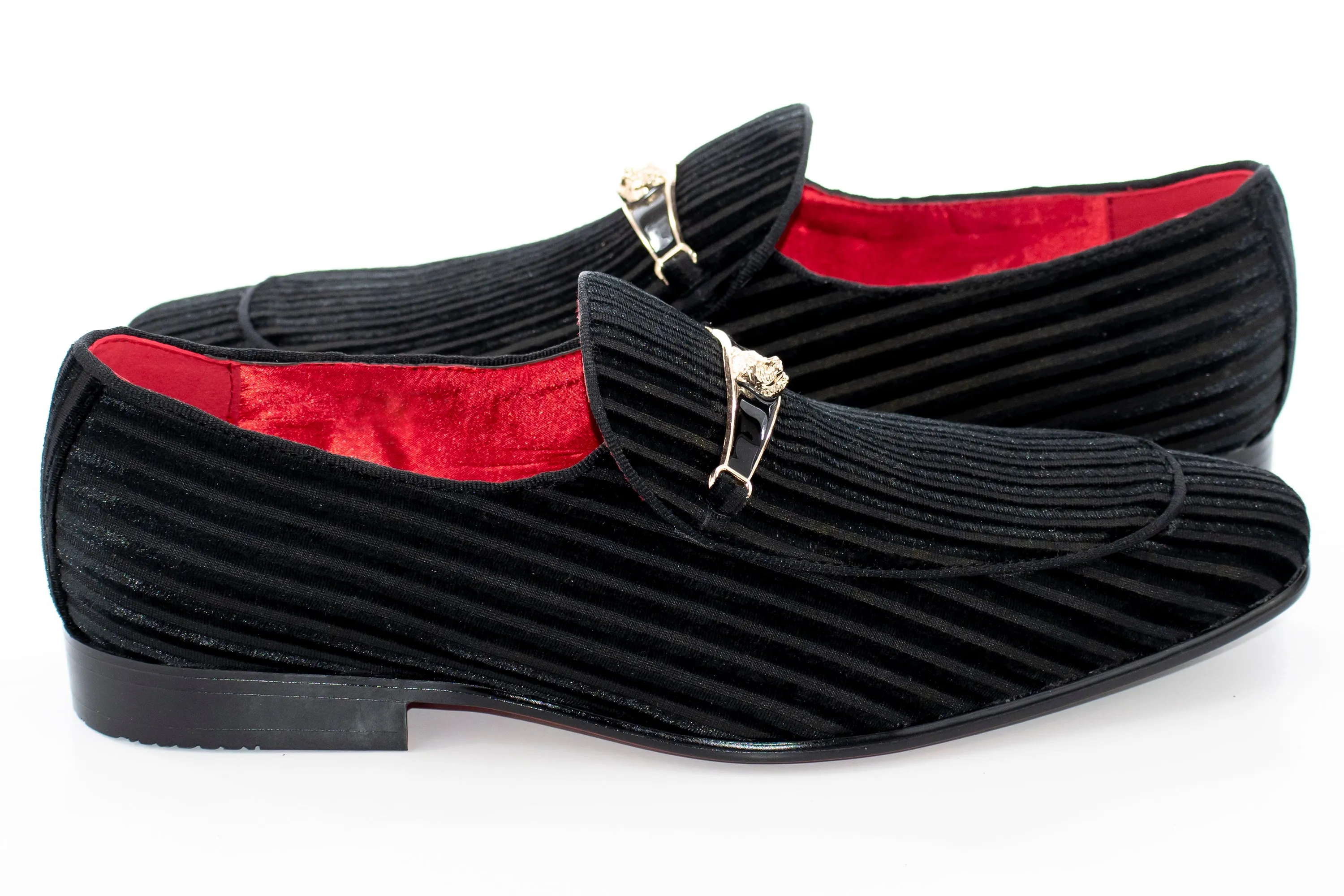 Black Striped Velvet Smoking Loafer with Designer Bit