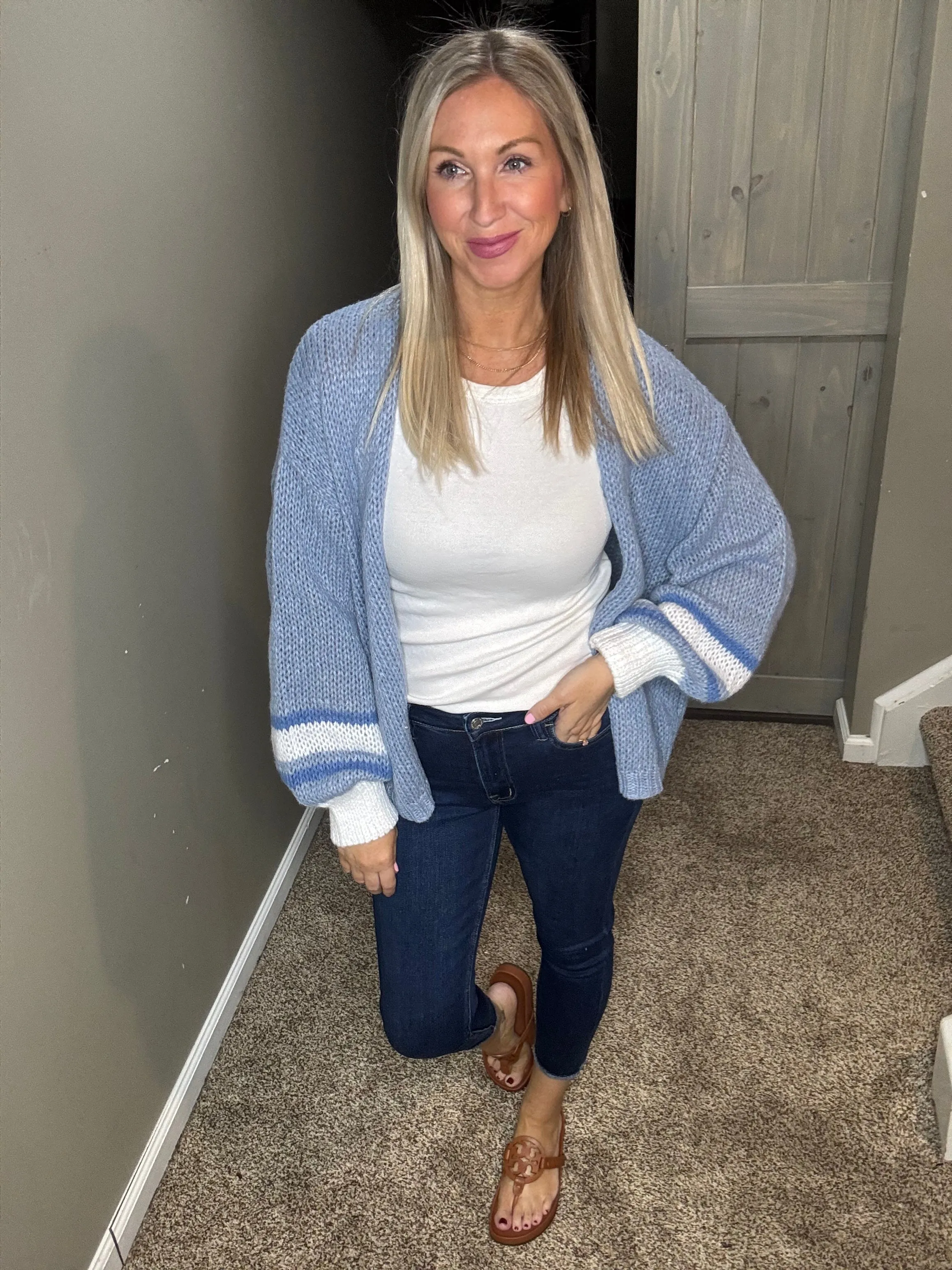 Blue Striped Sleeve Cardigan