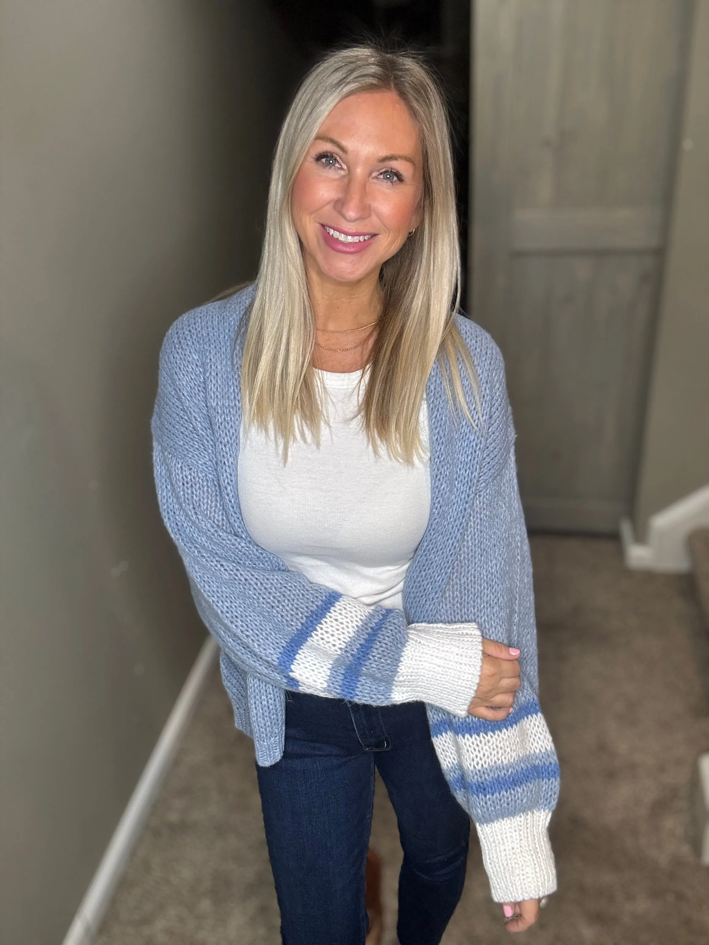 Blue Striped Sleeve Cardigan