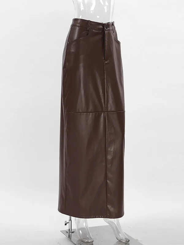 Buttoned Solid Color Split-back A-line High Waisted Skirts Bottoms