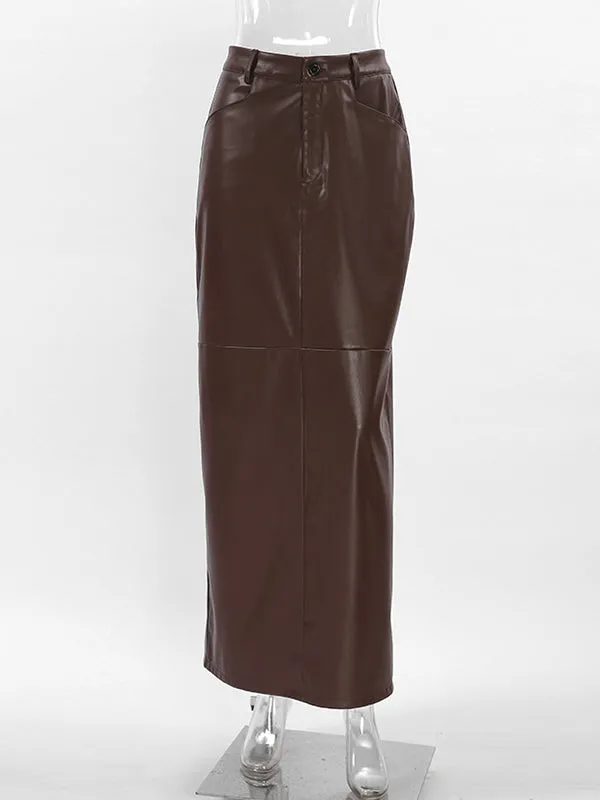Buttoned Solid Color Split-back A-line High Waisted Skirts Bottoms