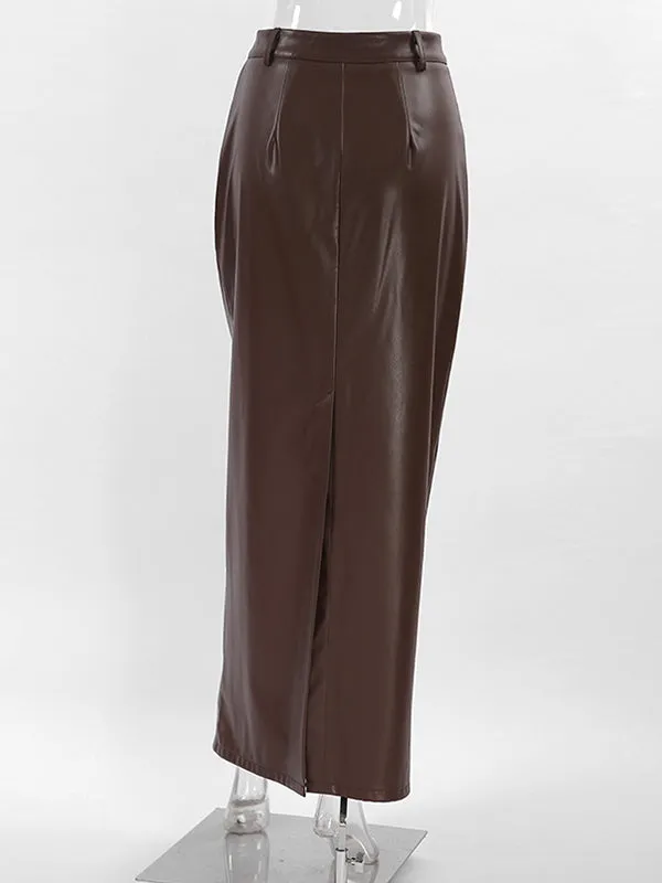 Buttoned Solid Color Split-back A-line High Waisted Skirts Bottoms