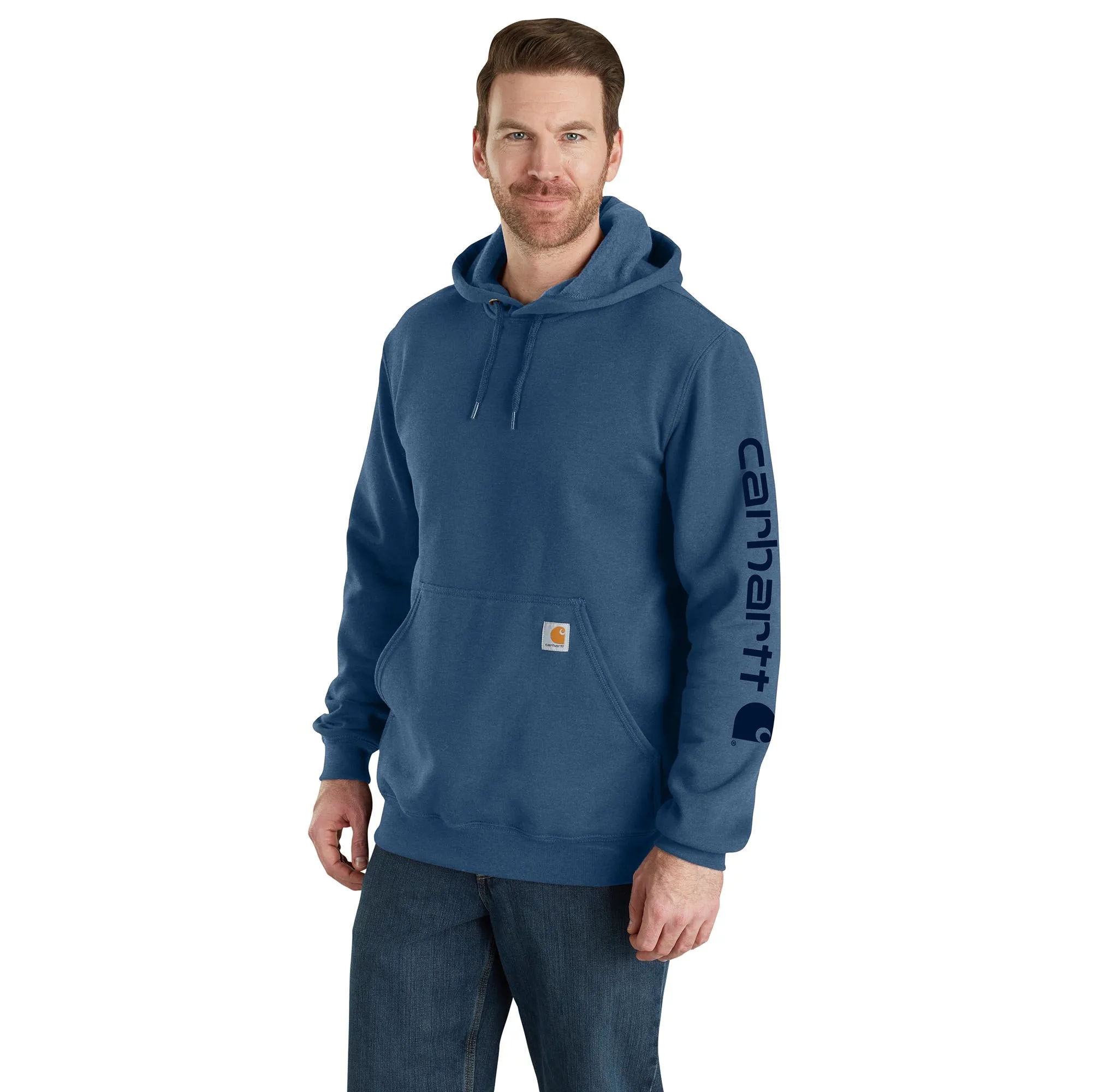 Carhartt Men's Signature Logo Hooded Pullover Sweatshirt_Deep Ocean Heather