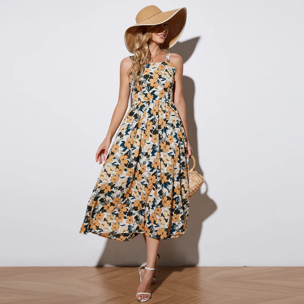 Casual Floral Sling Midi Dress Sexy Lace Up Backless Wholesale Dresses
