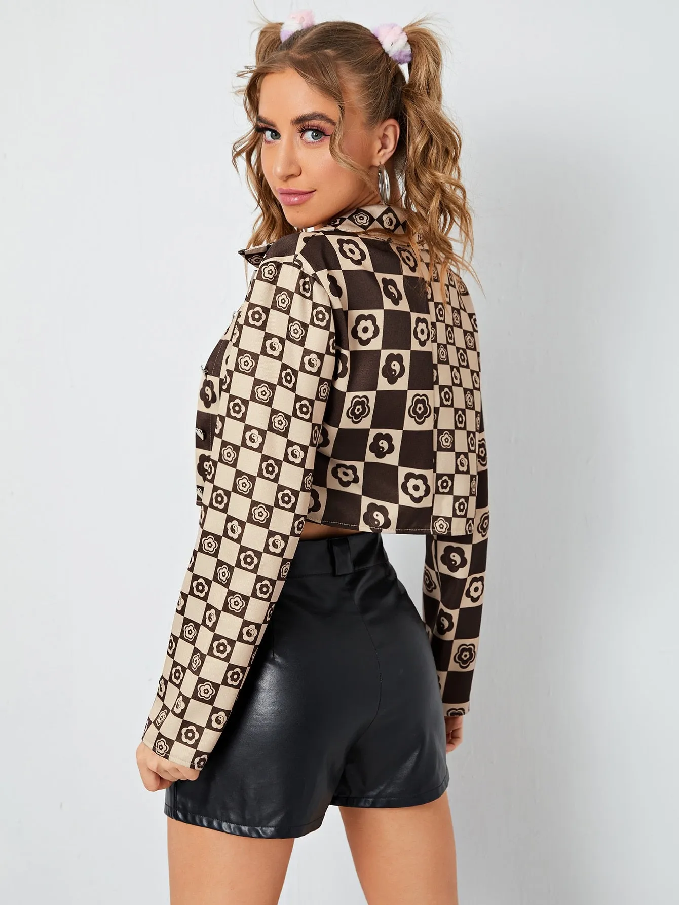Casual Plaid Button Front Long Sleeve Collar Crop Women Jacket