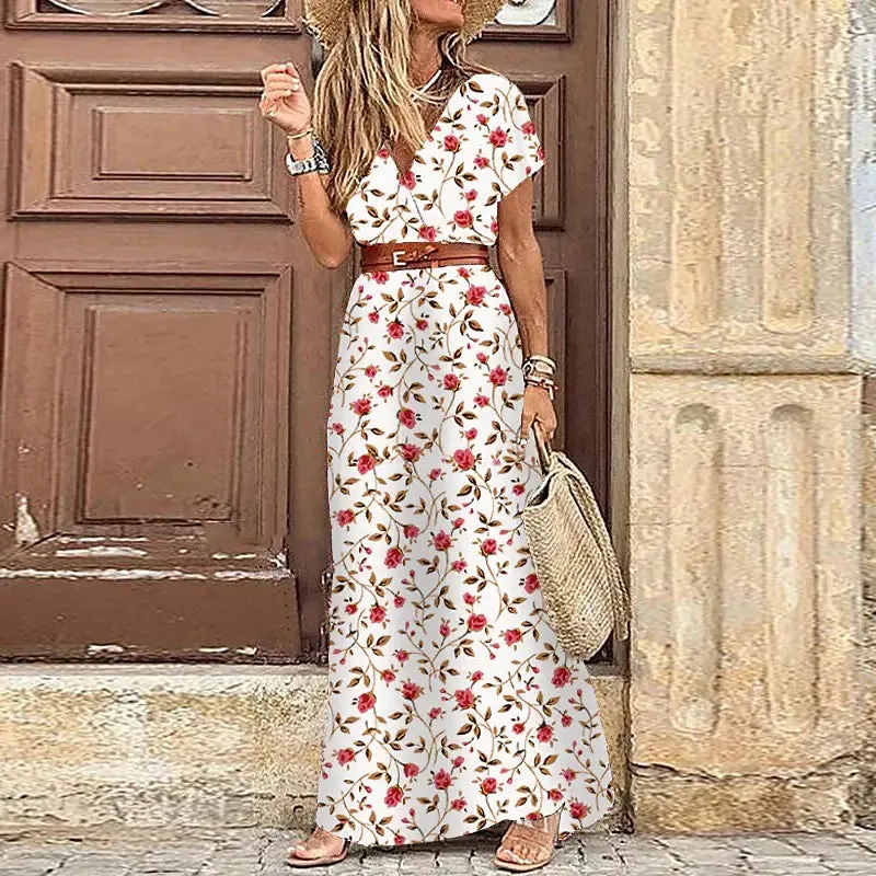 Casual V Neck Boho Chic Maxi Dress with Belt