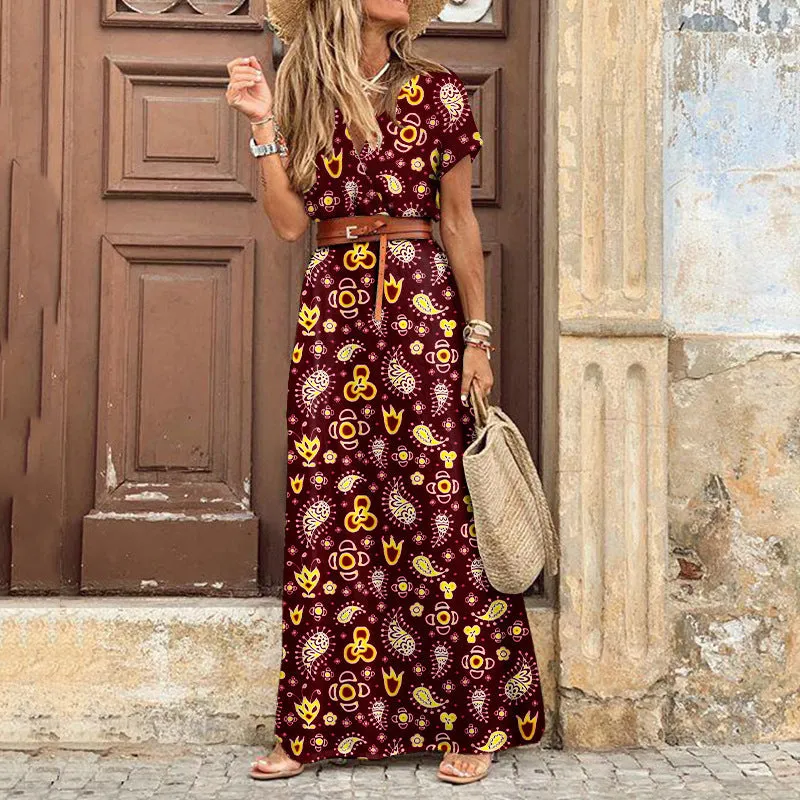 Casual V Neck Boho Chic Maxi Dress with Belt