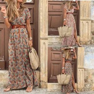 Casual V Neck Boho Chic Maxi Dress with Belt