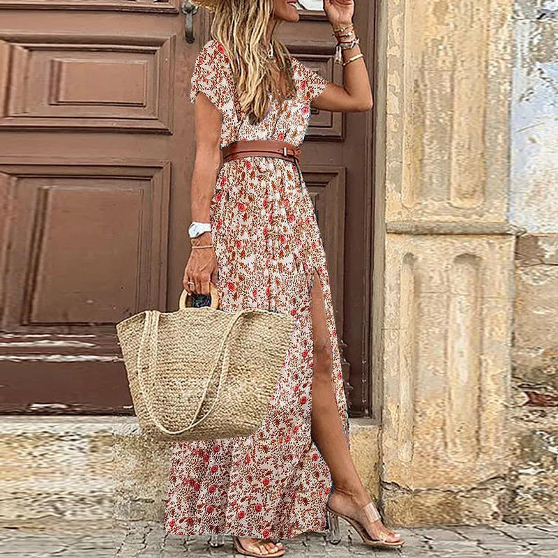 Casual V Neck Boho Chic Maxi Dress with Belt