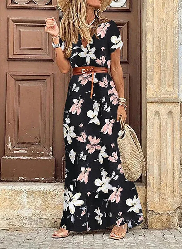 Casual V Neck Boho Chic Maxi Dress with Belt