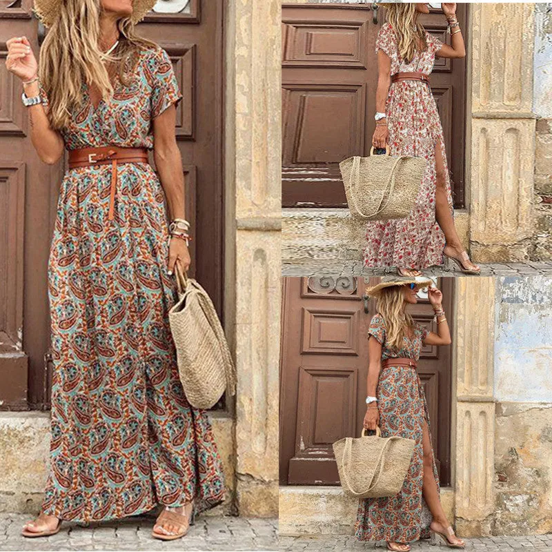 Casual V Neck Boho Chic Maxi Dress with Belt