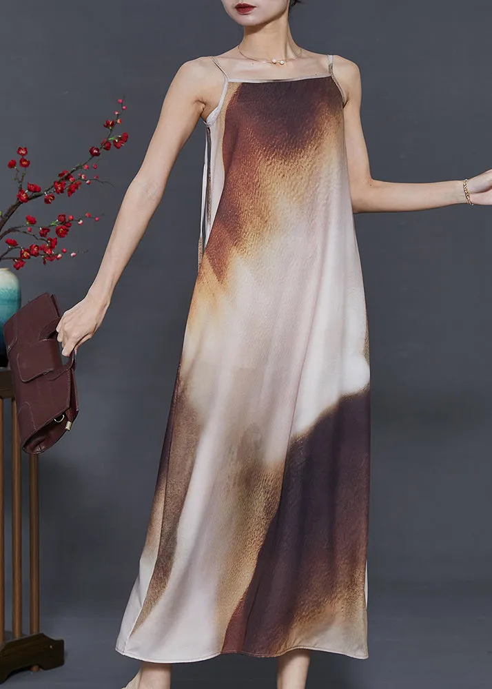 Chic Brown Tie Dye Draping Silk Spaghetti Strap Dress Summer