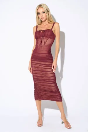 CHIC MESH DRAWSTRING BOW TIE RUCHED MIDI DRESS