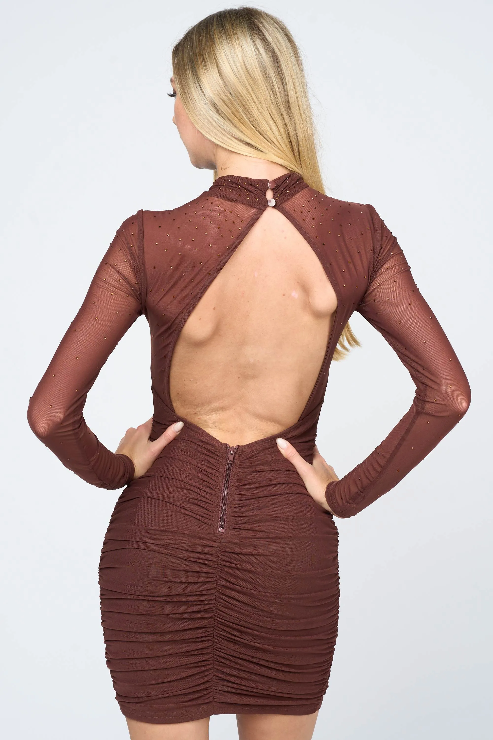 CHIC MESH HOTFIXS EMBELLISHED OPEN BACK MINI DRESS