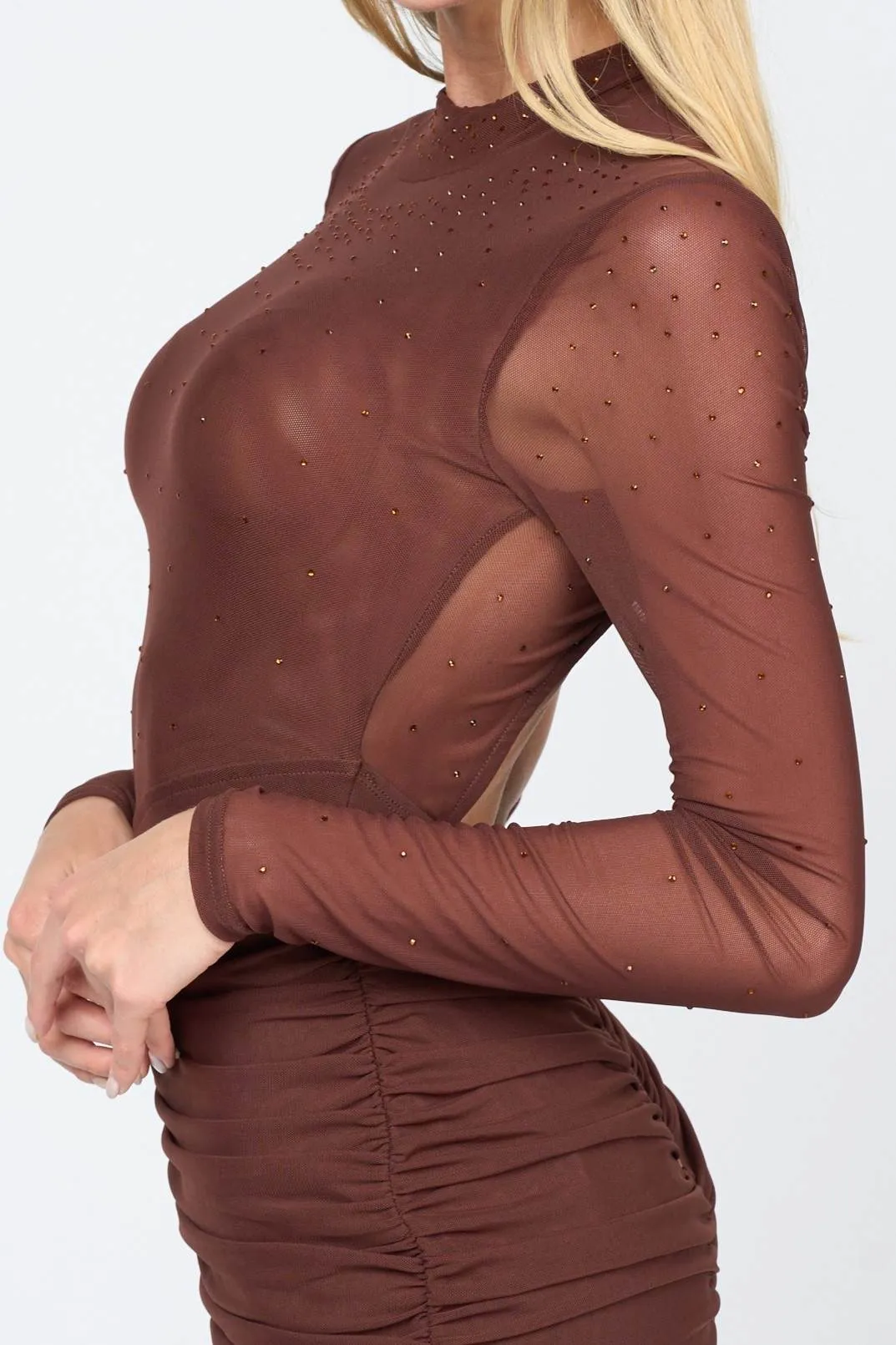 CHIC MESH HOTFIXS EMBELLISHED OPEN BACK MINI DRESS