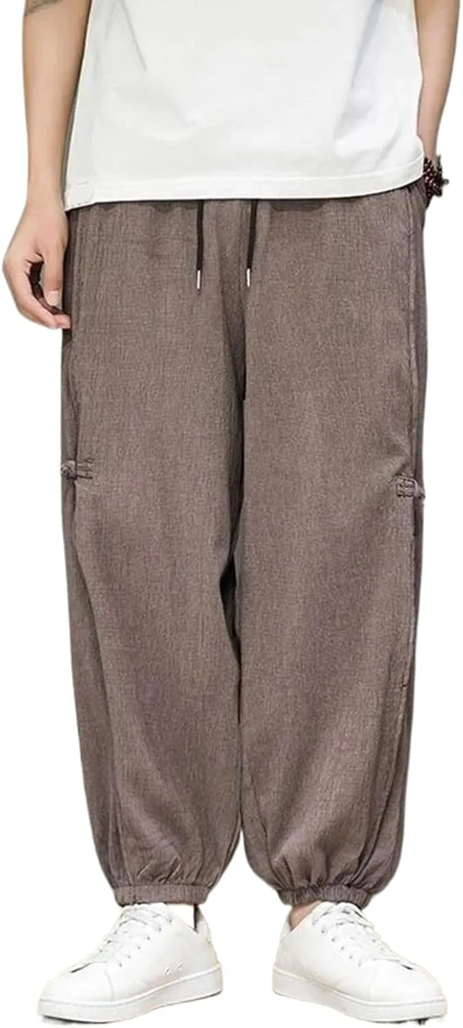 Chinese Style Summer Harem Pants Men Disc Buckle Ice Silk Loose Straight Leg Pants Elastic Waist Trousers