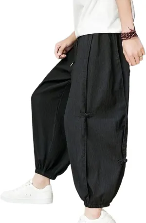 Chinese Style Summer Harem Pants Men Disc Buckle Ice Silk Loose Straight Leg Pants Elastic Waist Trousers