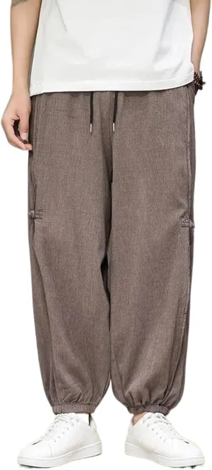 Chinese Style Summer Harem Pants Men Disc Buckle Ice Silk Loose Straight Leg Pants Elastic Waist Trousers