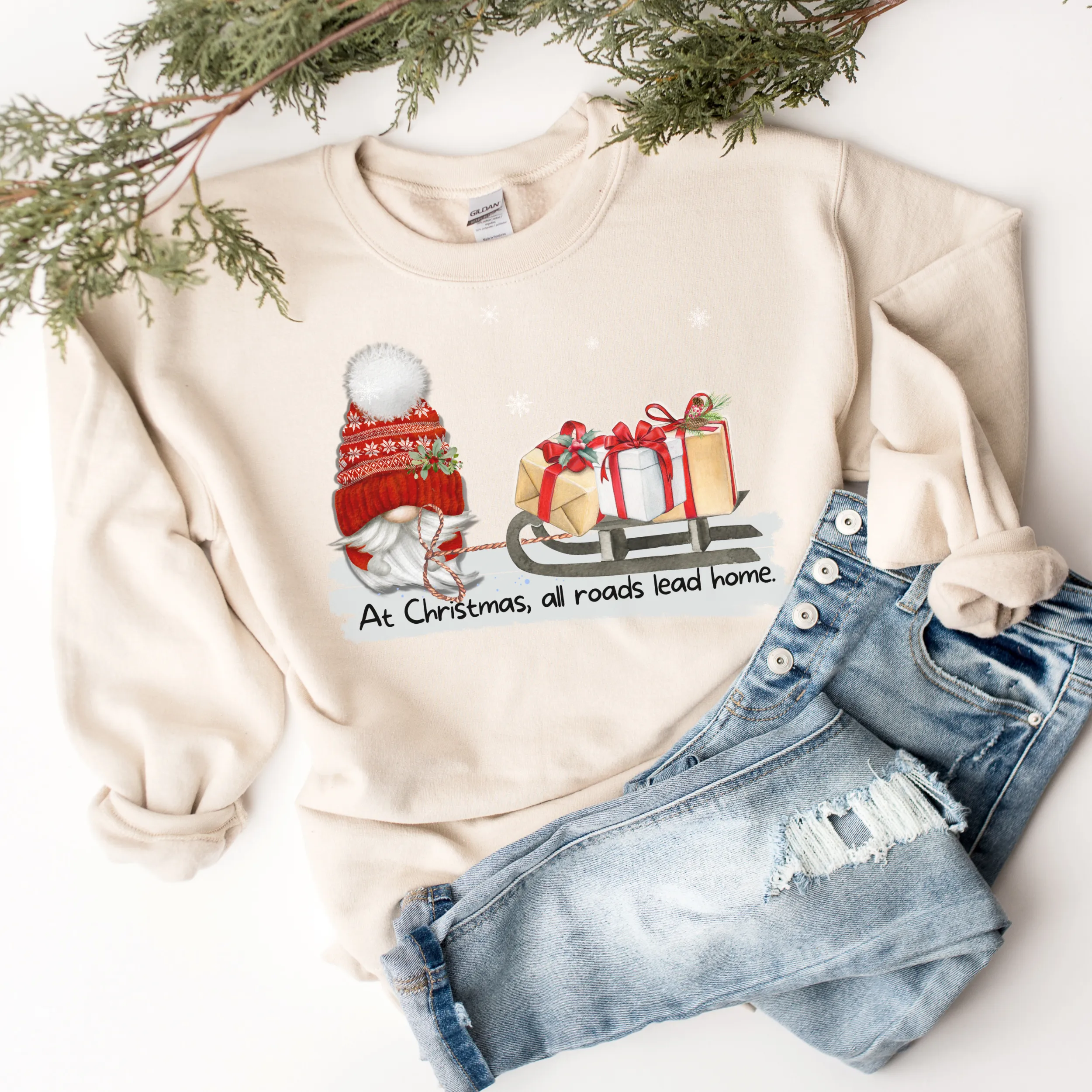 Christmas Gnome Crewneck Sweatshirt Women's Cozy Gildan® Winter Pullover At Christmas All Roads Lead Home Hand Drawn Gnome Lover Gift
