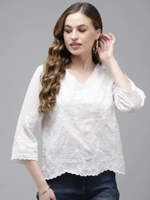 Comfy Cotton White Floral Embroidered Crop Top