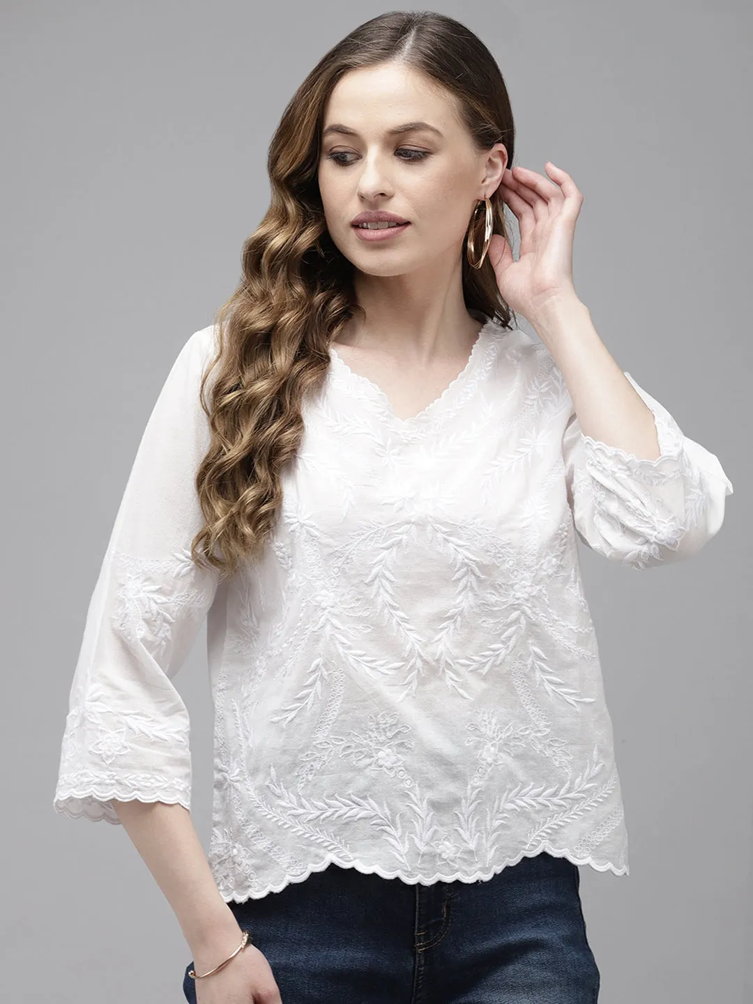 Comfy Cotton White Floral Embroidered Crop Top