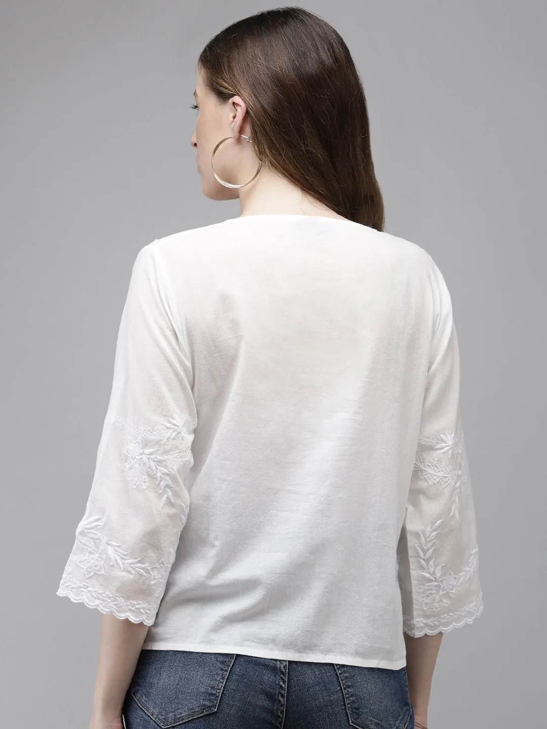 Comfy Cotton White Floral Embroidered Crop Top
