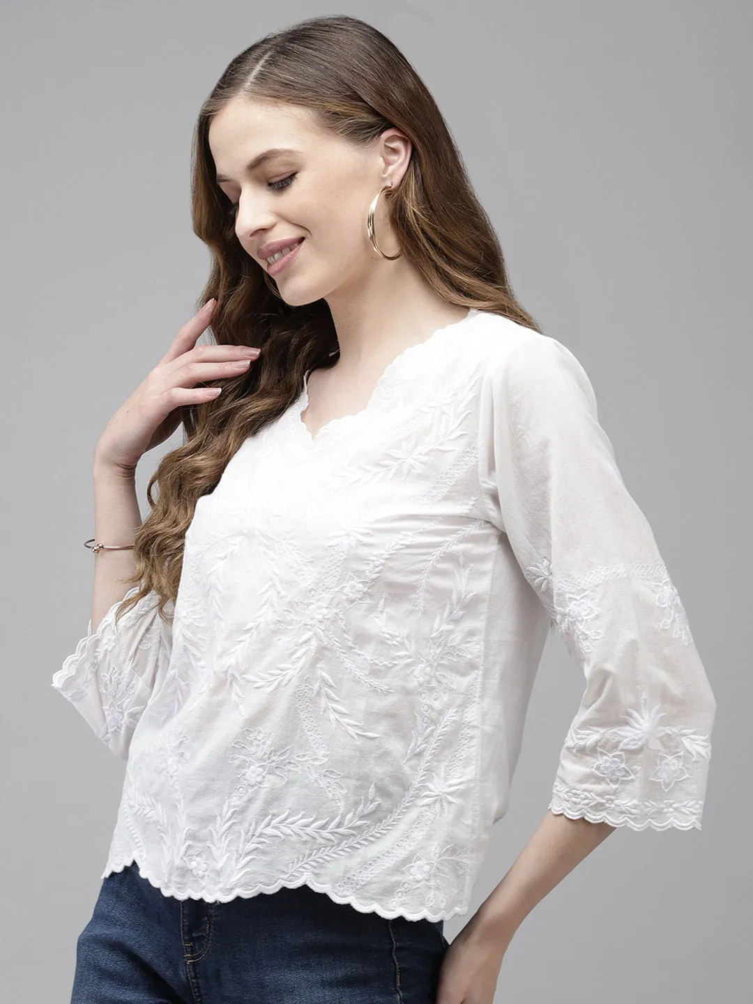 Comfy Cotton White Floral Embroidered Crop Top