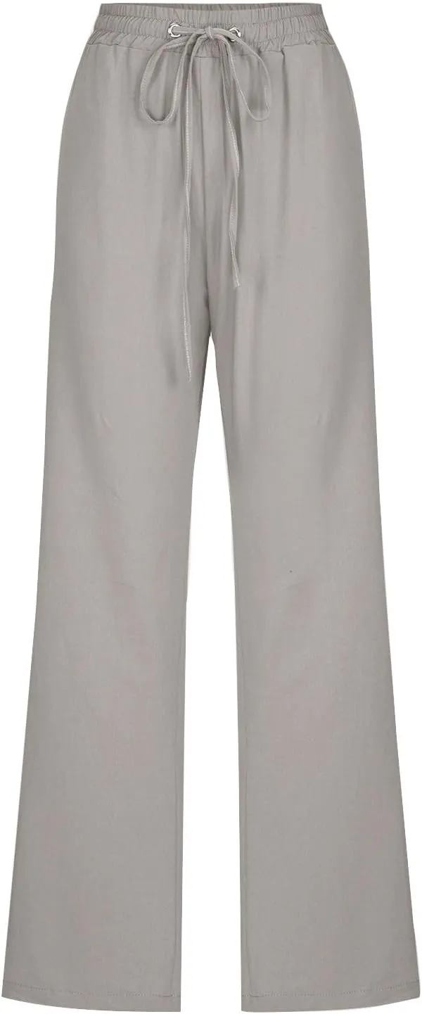 Cotton Linen Straight Leg Pants for Women Summer Casual High Waist Drawstring Trousers Loose Fit Solid Loungr Pants