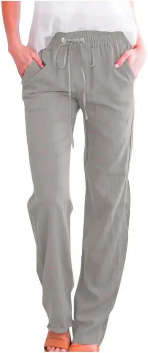 Cotton Linen Straight Leg Pants for Women Summer Casual High Waist Drawstring Trousers Loose Fit Solid Loungr Pants