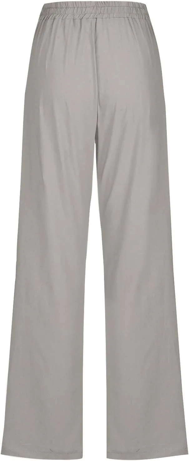 Cotton Linen Straight Leg Pants for Women Summer Casual High Waist Drawstring Trousers Loose Fit Solid Loungr Pants