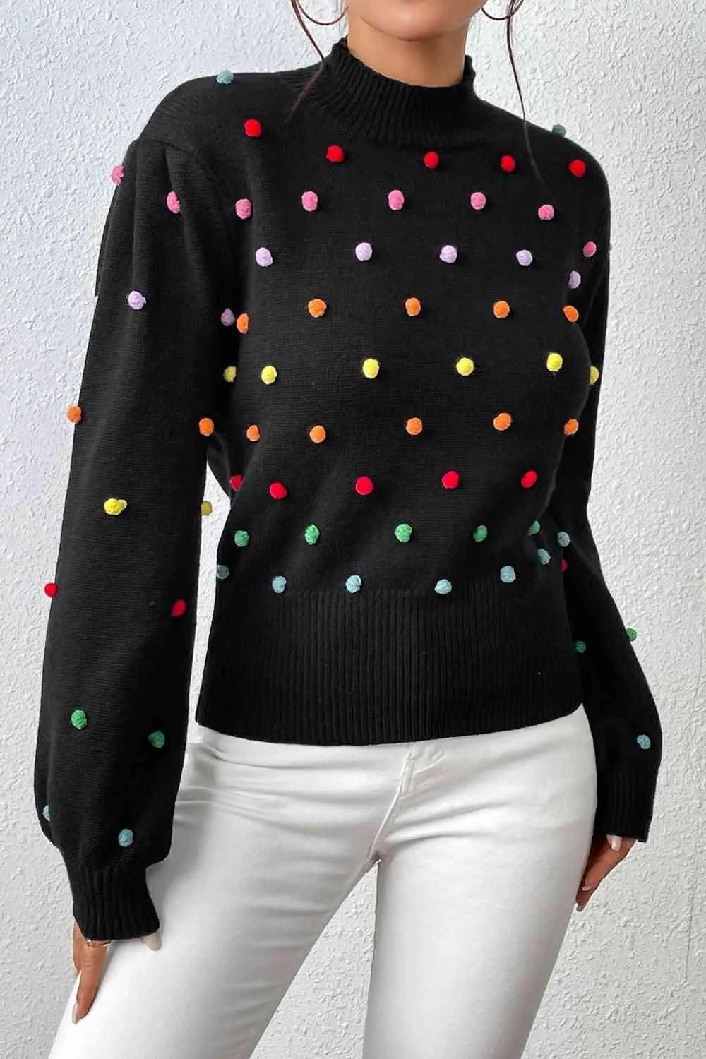 Cozy Aesthetic Mock Neck Pom-Pom Sweater
