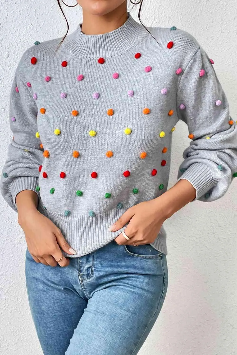 Cozy Aesthetic Mock Neck Pom-Pom Sweater