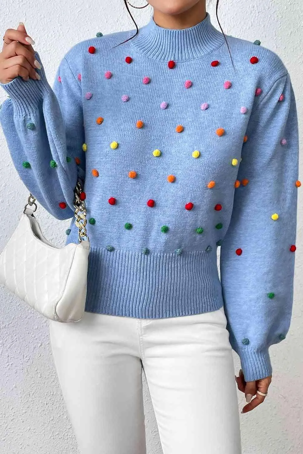 Cozy Aesthetic Mock Neck Pom-Pom Sweater