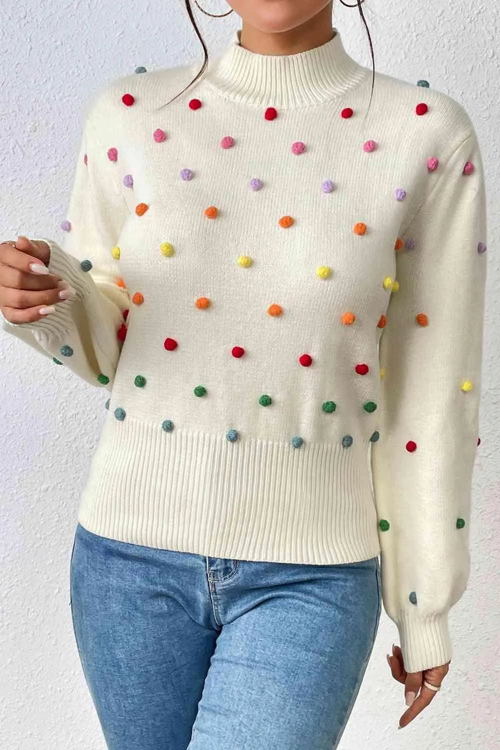 Cozy Aesthetic Mock Neck Pom-Pom Sweater