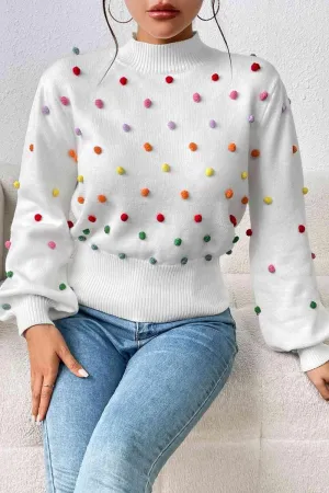 Cozy Aesthetic Mock Neck Pom-Pom Sweater