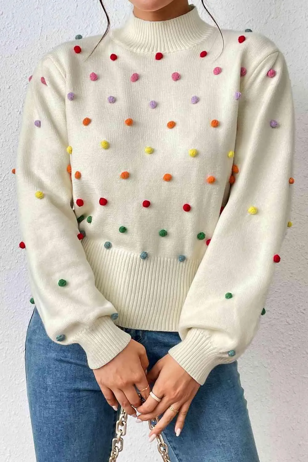 Cozy Aesthetic Mock Neck Pom-Pom Sweater