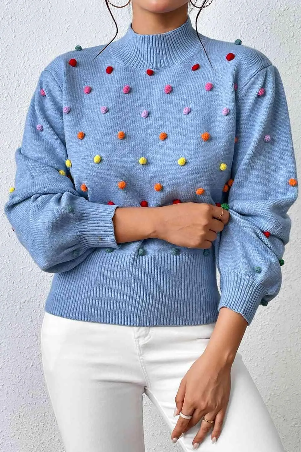 Cozy Aesthetic Mock Neck Pom-Pom Sweater