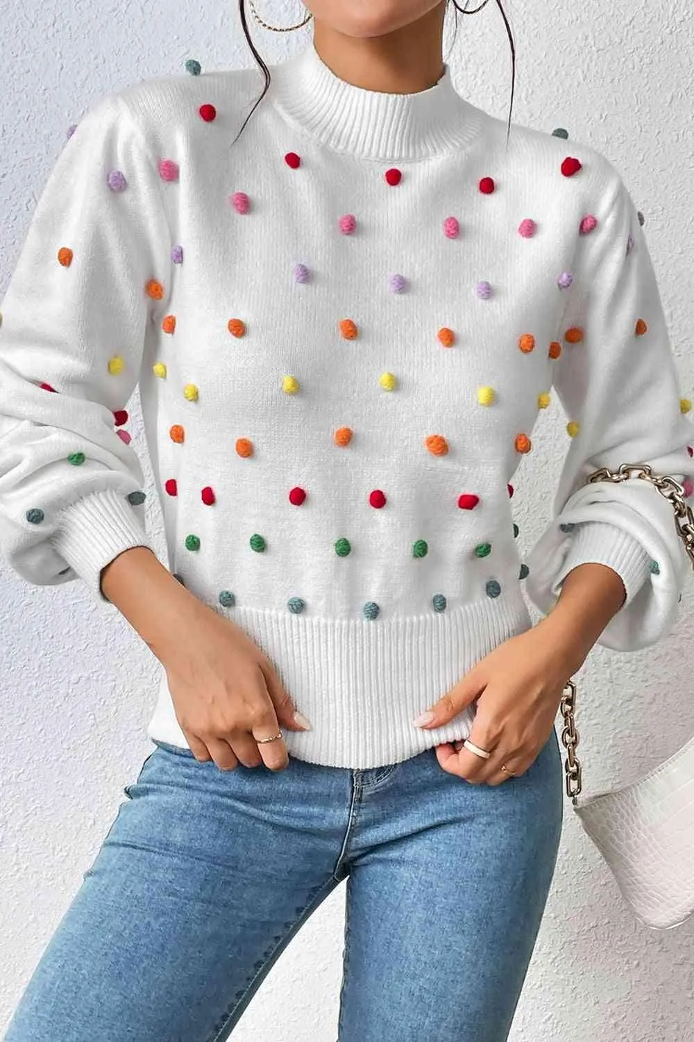 Cozy Aesthetic Mock Neck Pom-Pom Sweater