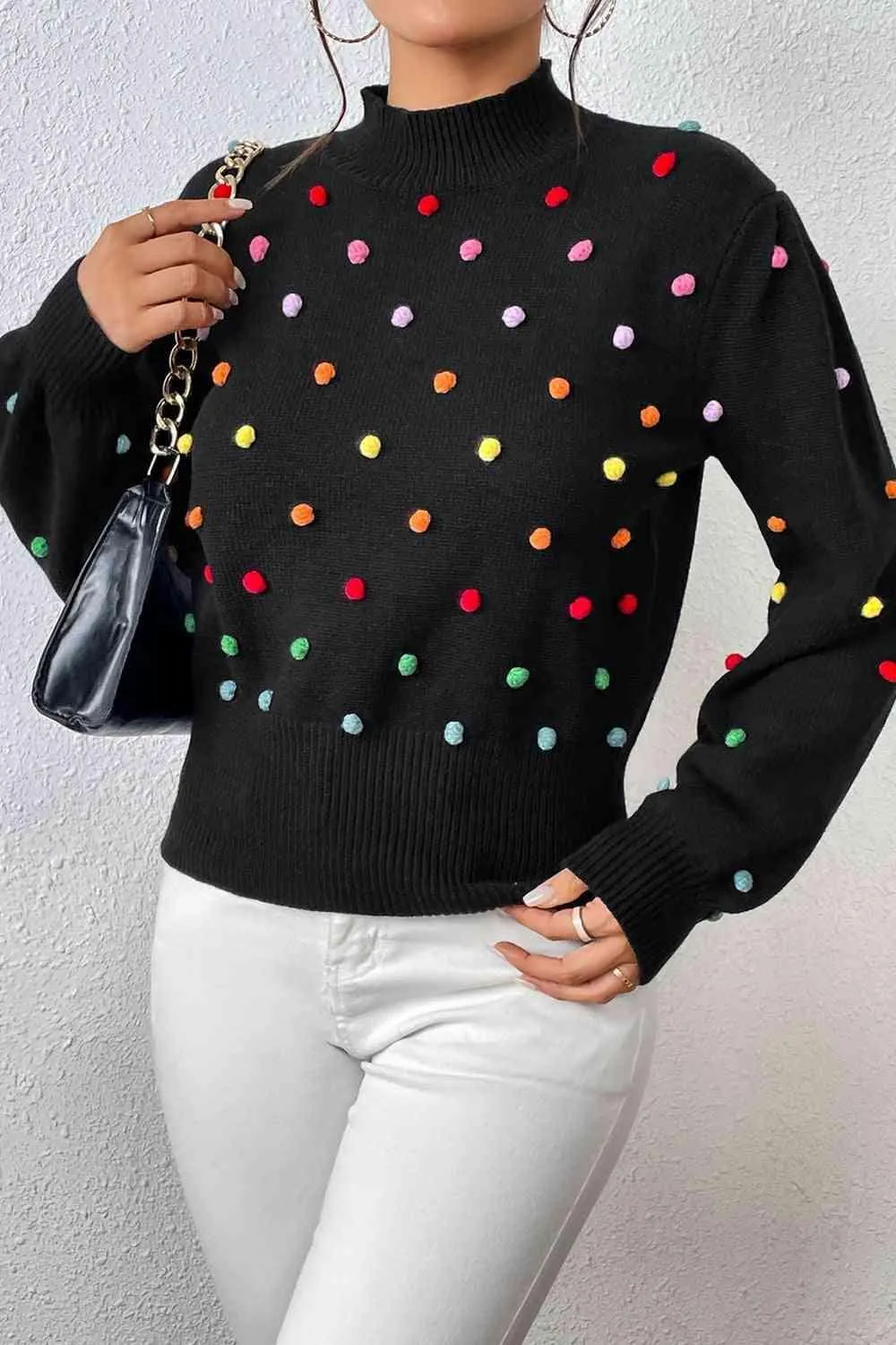 Cozy Aesthetic Mock Neck Pom-Pom Sweater