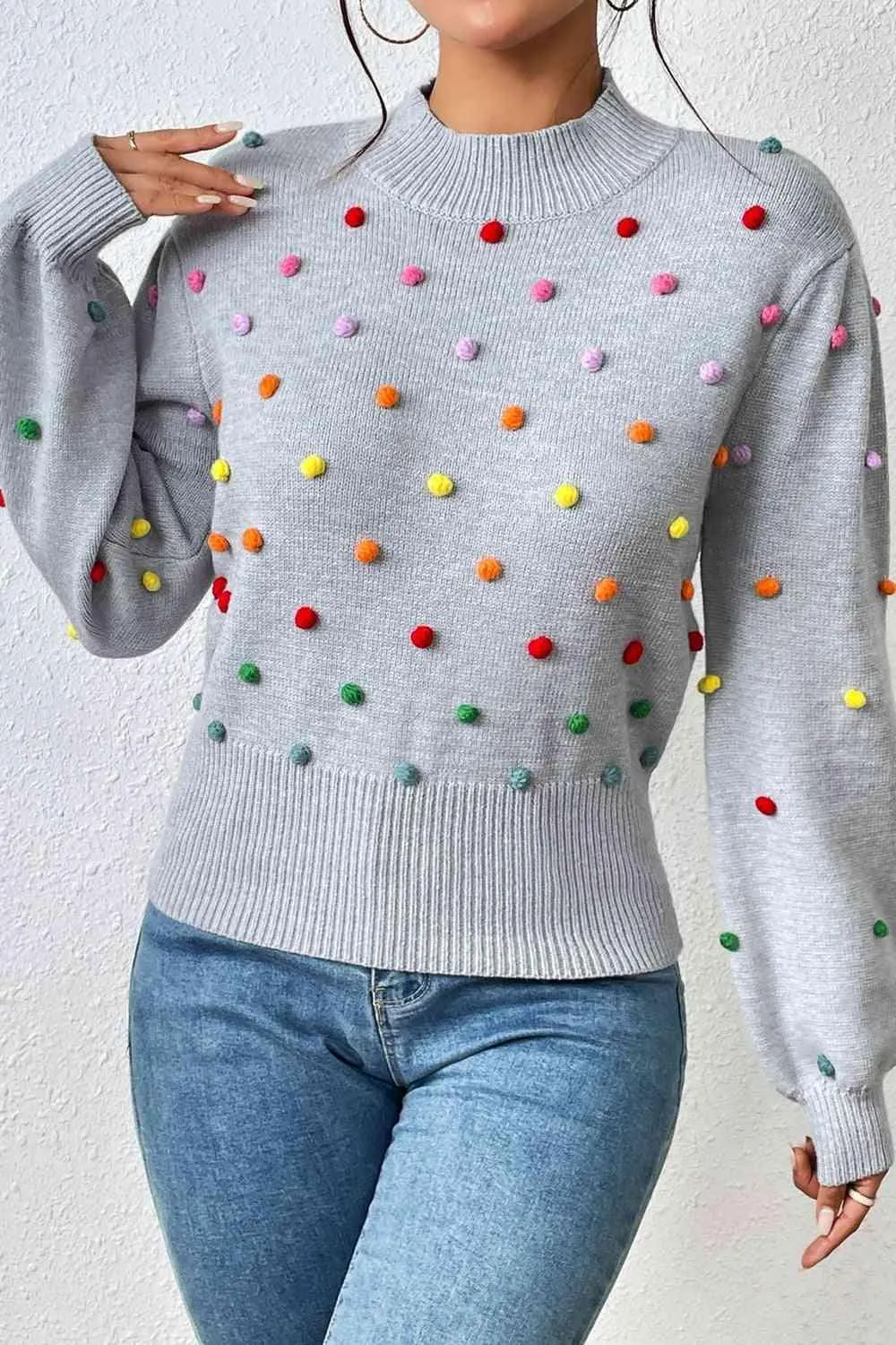 Cozy Aesthetic Mock Neck Pom-Pom Sweater